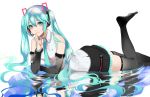  1girl black_skirt finger_to_mouth hatsune_miku headphones lying meriko on_stomach reflection skirt solo thigh-highs twintails vocaloid 