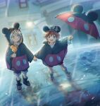  2boys blue_eyes blush boots brown_hair green_eyes happy hat holding holding_hands holding_umbrella kingdom_hearts looking_at_another looking_at_viewer male_child mickey_mouse mickey_mouse_ears multiple_boys puddle rain raincoat riku_(kingdom_hearts) short_hair shorts smile sora_(kingdom_hearts) spiky_hair sunglasses umbrella yurichi_(artist) 