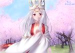  1girl blue_sky cherry_blossoms closed_mouth collarbone cosplay crown day dress eyebrows_visible_through_hair eyelashes fate/grand_order fate/stay_night fate_(series) floating_hair gyatto624 hair_intakes highres illyasviel_von_einzbern irisviel_von_einzbern irisviel_von_einzbern_(caster) irisviel_von_einzbern_(caster)_(cosplay) long_hair looking_at_viewer outdoors red_eyes silver_hair sky sleeves_past_fingers sleeves_past_wrists smile solo twitter_username white_dress wide_sleeves 