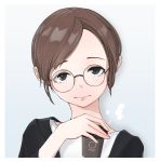  1girl black_eyes brown_hair cup debi glasses highres holding holding_cup looking_at_viewer original short_hair solo upper_body 