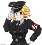  1girl black_gloves blonde_hair blue_eyes gloves hat hideyoshiao1 highres iron_cross looking_at_viewer military military_hat military_uniform nazi necktie original smile solo swastika uniform wavy_hair 