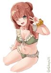  1girl ;d bangs blunt_bangs braid breasts collarbone cowboy_shot curly_hair de_ruyter_(kantai_collection) ebifurya frilled_swimsuit frills green_eyes green_swimsuit highres kantai_collection long_hair medium_breasts one_eye_closed open_mouth redhead side_braid smile swimsuit twitter_username v white_background 
