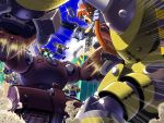  1girl brown_hair capcom clouds crane_(machine) cuffs denise_marmalade dust_cloud earrings fighting glasses gloves handcuffs hat jewelry kobun mecha napo open_mouth police robot rockman rockman_dash sky speed_lines 