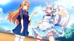  2boys animal_ears aogiri_penta apron bangs blue_dress blue_sky blunt_bangs clouds cloudy_sky dress fox_boy fox_ears fox_tail frilled_apron frilled_dress frilled_hairband frills game_cg hair_ribbon hairband japanese_clothes josou_shinwa leg_garter long_hair male_focus multiple_boys one_eye_closed orange_hair otoko_no_ko outdoors outstretched_arm outstretched_hand red_ribbon ribbon ribbon_trim single_thighhigh sky smile standing striped striped_legwear subaru_(josou_shinwa) sun sunlight tagme tail tail_raised tamaki_(josou_jinja) thigh-highs tree violet_eyes white_hair white_legwear yellow_eyes 