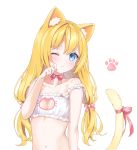  1girl animal_ears bangs bare_shoulders blonde_hair blue_eyes blush cat_cutout cat_ears cat_lingerie cat_tail cleavage_cutout collarbone copyright_request eyebrows_visible_through_hair flat_chest hair_ribbon highres looking_at_viewer meme_attire navel off_shoulder one_eye_closed paw_print ribbon rimo simple_background solo tail twintails white_background 