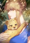  1girl absurdres ahoge animal artoria_pendragon_(all) artoria_pendragon_(lancer) bangs braid breasts closed_mouth colored_eyelashes cub dappled_sunlight day ebzmahs0192 fate_(series) green_eyes highres holding holding_animal lion lion_cub lipstick looking_at_viewer makeup multiple_braids nature plant profile short_sleeves sidelocks sunlight updo upper_body 
