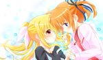  2girls bardiche blonde_hair blue_eyes blue_ribbon blush couple eye_contact fate_testarossa hair_ribbon happy highres holding_hands interlocked_fingers jacket kerorokjy long_hair looking_at_another lyrical_nanoha mahou_shoujo_lyrical_nanoha mahou_shoujo_lyrical_nanoha_a&#039;s multiple_girls open_mouth orange_hair pink_ribbon raising_heart red_eyes ribbon short_hair short_twintails simple_background smile takamachi_nanoha twintails yuri 