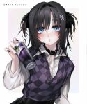  bad_id bad_twitter_id black_hair blue_eyes collar collared_shirt cross cross_necklace ear_piercing hair_intakes hair_ornament highres jewelry necklace original piercing purple_nails shirt tagme twintails unxi 