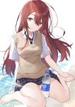  1girl :3 arm_behind_back arm_support bangs bare_legs barefoot blush bottle breasts brown_eyes brown_hair collared_shirt commentary_request eyebrows_visible_through_hair hair_between_eyes hayashi_kewi highres idolmaster idolmaster_shiny_colors long_hair looking_at_viewer miniskirt necktie oosaki_tenka open_mouth plaid plaid_skirt pleated_skirt shirt sitting skirt smile soaking_feet solo striped striped_neckwear sweater_vest wariza water water_bottle white_shirt wing_collar 