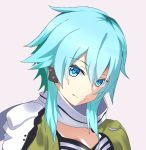  1girl absurdres bangs blue_eyes blue_hair closed_mouth eyebrows_visible_through_hair green_jacket grey_background hair_between_eyes highres jacket looking_at_viewer oilen0731 portrait scarf shiny shiny_hair short_hair_with_long_locks simple_background sinon smile solo sword_art_online white_scarf 