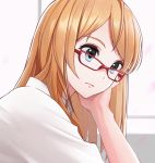  1girl blonde_hair blue_eyes chin_rest closed_mouth debi glasses hand_on_own_chin highres long_hair original red-framed_eyewear shirt solo translated upper_body white_shirt 