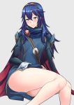  bare_legs blue_eyes blue_hair blush breasts cape fire_emblem fire_emblem_awakening lucina lucina_(fire_emblem) simple_background sitting small_breasts tiara 