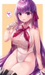 1girl absurdres bangs bb_(fate)_(all) bb_(fate/extra_ccc) beeyan blush breasts fate/extra fate/extra_ccc fate_(series) hair_ribbon highleg highleg_leotard highres leotard long_hair looking_at_viewer neck_ribbon purple_hair red_ribbon ribbon smile very_long_hair violet_eyes white_leotard 
