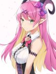  1girl arm_strap asymmetrical_horns bangs bare_shoulders blonde_hair blush bow breasts closed_mouth colored_inner_hair curled_horns dated demon_horns fang green_eyes hair_between_eyes hair_bow hair_ornament hololive horn_bow horns long_hair looking_at_viewer mano_aloe medium_breasts multicolored_hair pink_hair pointy_ears shirt signature sleeveless sleeveless_shirt solo tearing_up two-tone_hair virtual_youtuber xuejian_qiye 