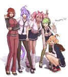  5girls :d alternate_costume alternate_universe black_legwear blue_eyes breasts bunny_ears_prank freyja_wion green_eyes green_hair gyaru highres kaname_buccaneer large_breasts macross macross_delta makina_nakajima medium_breasts midriff mikumo_guynemer multiple_girls navel open_mouth orange_hair pantyhose pink_eyes pink_hair purple_hair red_eyes redhead reina_prowler ryu_(masu_nantoka-san) school_uniform small_breasts smile striped striped_legwear tan thigh-highs track_suit twintails yellow_legwear 