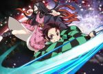  1boy 1girl brother_and_sister brown_hair checkered clenched_teeth fingernails floating_hair hair_ribbon haori holding holding_sword holding_weapon japanese_clothes kamado_nezuko kamado_tanjirou kimetsu_no_yaiba kimono long_hair multicolored_hair nyoro_(nyoronyoro000) orange_hair pink_eyes pink_kimono print_kimono red_eyes ribbon sharp_fingernails siblings sword teeth two-tone_hair v-shaped_eyebrows very_long_hair weapon white_ribbon 