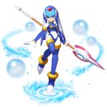  1girl android blue_eyes breasts capcom facing_viewer full_body gloves helmet high_heels highres holding holding_weapon leg_up leviathan_(rockman) looking_at_viewer mizuno_keisuke official_art polearm rockman rockman_x_dive rockman_zero small_breasts smile solo thigh-highs transparent_background water weapon 