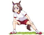  1girl animal_ears breasts brown_hair closed_mouth full_body horse_ears horse_girl horse_tail kamen_rider kamen_rider_drive kamen_rider_drive_(series) multicolored_hair pose short_hair shorts simple_background smile solo special_week tail two-tone_hair ueyama_michirou umamusume violet_eyes white_background white_hair 