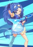  1girl absurdres animal_ears arm_up asymmetrical_legwear blue_eyes blue_gloves blue_hair blue_jacket blue_legwear blue_skirt breasts cure_gelato earrings gloves grin hair_tubes highres holding holding_instrument huai_diao_de_zongzi instrument jacket jewelry kirakira_precure_a_la_mode lion_ears lion_girl lion_tail long_hair miniskirt precure shiny shiny_hair short_sleeves single_thighhigh skirt small_breasts smile solo standing tail thigh-highs two-tone_skirt very_long_hair yellow_skirt 