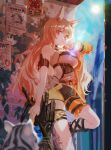  1girl animal_ears arknights armband bangs bare_arms bare_shoulders breasts ceobe_(arknights) commentary_request highres holding holding_weapon kanose long_hair looking_at_viewer medium_breasts orange_eyes orange_hair solo standing standing_on_one_leg thighs very_long_hair wanted weapon 
