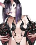 1girl armor bangs bare_shoulders black_nails bob_cut breasts crazy_smile fate/grand_order fate_(series) head_tilt highres holding_legs horns looking_at_viewer makeup navel oni oni_horns parted_lips purple_hair ram_(ramlabo) revealing_clothes short_eyebrows short_hair shuten_douji_(fate/grand_order) sitting skin-covered_horns small_breasts smile solo violet_eyes 