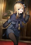  1girl bangs black_headwear blonde_hair blue_coat blue_jacket brown_gloves coat fate/grand_order fate_(series) flower gloves green_eyes grey_flower grey_rose hat highres jacket leaning_forward long_hair looking_at_viewer open_mouth polar_chaldea_uniform reines_el-melloi_archisorte rose sidelocks solo teeth tilted_headwear tongue white_flower white_rose yuuuuu 