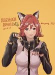  1girl animal_ears black_gloves blue_eyes cat_ears character_name fake_animal_ears fingerless_gloves gloves highres jacket kaname_buccaneer light_smile looking_to_the_side macross macross_delta paw_pose redhead ryu_(masu_nantoka-san) short_hair solo yellow_background 