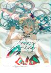  1girl armpit_crease bare_arms bare_shoulders black_ribbon black_skirt blue_eyes blue_hair blurry border capelet commentary cravat depth_of_field english_text eyelashes fingernails flower from_above green_border hair_between_eyes hair_flower hair_ornament hair_ribbon happy happy_birthday hatsune_miku instagram_username light_particles light_rays light_smile lips long_hair looking_at_viewer looking_up lying neck_ribbon on_back parted_lips pixiv_id ribbon rose say_hana shiny shiny_hair shirt shoulder_tattoo sidelocks signature skirt sleeveless sleeveless_shirt solo tareme tattoo twitter_username upper_body very_long_hair vocaloid white_capelet white_flower white_rose white_shirt yellow_border 