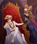  2boys bangs blue_bodysuit blurry blurry_background bodysuit brown_hair cape closed_mouth code_geass covered_navel crossed_legs dutch_angle green_eyes grin hair_between_eyes hood hood_down ko_to_kimethu kururugi_suzaku lelouch_lamperouge long_sleeves looking_at_viewer male_focus multiple_boys pants red_cape short_hair sitting smile solo standing uniform violet_eyes white_pants 