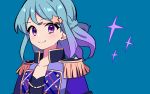  1girl blue_background blue_hair character_request close-up copyright_request floating_hair gradient_hair highres multicolored_hair short_hair solo sparkle uhouhogorigori violet_eyes 