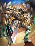  1boy absurdres armor blue_eyes extra_eyes fantasy highres holding holding_shield holding_sword holding_weapon horns knight looking_at_viewer looking_down nalai original shield solo sword weapon 