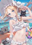  1girl :o abigail_williams_(swimsuit_foreigner)_(fate) animal arm_up artist_name bangs bare_arms bare_shoulders bikini black_cat blonde_hair blue_eyes blue_sky blush bow bowtie braid cat clouds collarbone commentary_request cowboy_shot day fate/grand_order fate_(series) flat_chest floating_hair forehead groin hakuda_tofu head_tilt heart highres innertube long_hair looking_at_viewer multiple_bows navel ocean open_mouth outdoors parted_bangs parted_lips sidelocks sky solo stomach striped swimsuit upper_body very_long_hair white_bow white_neckwear 