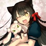  1girl ;d animal animal_ears animalization black_bow black_hair bow braid cat_ears chia_aich fang green_eyes hair_between_eyes hair_bow harvest_moon_(youtube) highres holding holding_animal hug long_hair looking_at_viewer nekone_suzu one_eye_closed open_mouth rabbit red_bow short_sleeves simple_background skin_fang smile upper_body usaki_rabi very_long_hair virtual_youtuber yellow_eyes 