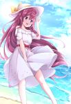  1girl :d absurdres acchii_(akina) beach blush collarbone day dress eyebrows_visible_through_hair feet_out_of_frame floating_hair hair_between_eyes hat highres kamikaze_(kantai_collection) kantai_collection long_hair ocean off-shoulder_dress off_shoulder open_mouth purple_hair short_sleeves smile solo sparkle sun sunlight violet_eyes water white_dress white_headwear 