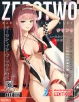  1girl arm_support arm_up armband armpits bare_arms bare_shoulders bikini breasts cover cover_page criss-cross_halter darling_in_the_franxx eyeshadow green_eyes grin hairband halterneck large_breasts long_hair looking_at_viewer makeup navel nevblindarts pink_hair racequeen red_bikini revealing_clothes smile solo strap_gap string_bikini swimsuit thigh_strap thighs very_long_hair zero_two_(darling_in_the_franxx) 