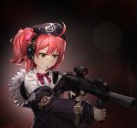 1girl absurdres ahoge beret candy food girls_frontline gun h&amp;k_mp7 hat headset highres holding holding_gun holding_weapon kyuyou_chara lollipop medium_hair mp7_(girls_frontline) off-shoulder_jacket red_nails redhead solo submachine_gun weapon yellow_eyes 