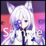  1girl :o animal_ear_fluff animal_ears azur_lane bangs black_border black_gloves black_kimono blue_eyes blue_ribbon blush border gloves hair_over_one_eye hair_ribbon hand_up holding japanese_clothes kasumi_(azur_lane) kimono long_hair long_sleeves open_clothes parted_lips ribbon sample silver_hair sleeves_past_wrists solo tengxiang_lingnai wide_sleeves 