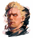  1boy blonde_hair blue_eyes boku_no_hero_academia bubaigawara_jin cigarette cropped_shoulders facial_hair frown highres jinhallz looking_at_viewer multiple_persona portrait short_hair simple_background smoking stubble upper_body white_background 