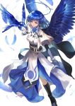  1girl absurdres blue_hair blue_wings fantasy gloves halo highres looking_to_the_side nalai original pink_eyes solo wings 