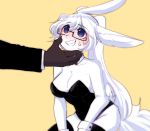  1boy 1girl :d animal_ears animal_nose bare_shoulders black-framed_eyewear black_leotard black_neckwear blue_eyes blush bow bowtie breasts brown_fur bunny_girl bunny_tail claws commentary_request detached_collar eyebrows_visible_through_hair furry glasses hair_between_eyes highres korean_commentary large_breasts leotard long_hair looking_at_another open_mouth original ponytail rabbit rabbit_ears ressue_(gomgom) semi-rimless_eyewear silver_hair simple_background smile sweatdrop tail under-rim_eyewear white_fur wrist_cuffs yellow_background 