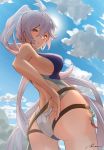  1girl ahoge ass back back_cutout bangs bare_shoulders bon_mushi breasts clouds commentary_request competition_swimsuit from_below granblue_fantasy hair_between_eyes high_ponytail large_breasts long_hair looking_down multiple_straps one-piece_swimsuit sideboob sidelocks signature silva_(granblue_fantasy) silver_hair standing sun swimsuit thighs very_long_hair yellow_eyes 