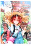  1girl architecture backpack bag benienma_(fate/grand_order) butterfly_net east_asian_architecture fate/grand_order fate_(series) gomennasai hand_net hat highres overalls red_eyes redhead smile straw_hat summer sunlight v 