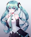 1girl arm_tattoo black_skirt blue_eyes blue_hair blue_neckwear commentary detached_sleeves eyebrows_visible_through_hair finger_to_mouth floating_hair gradient gradient_background hatsune_miku highres hyunnim01 long_hair necktie skirt solo tattoo twintails vocaloid 