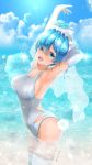  1girl :d arm_behind_head arm_up armpits ass bangs blue_eyes blue_hair blue_sky breasts bridal_veil bride clouds commentary_request competition_swimsuit covered_nipples cowboy_shot day elbow_gloves garter-velvet garter_belt garter_straps gloves hair_ornament hair_over_one_eye hair_ribbon highres large_breasts looking_at_viewer maid_headdress medium_breasts one-piece_swimsuit open_mouth outdoors pink_ribbon re:zero_kara_hajimeru_isekai_seikatsu rem_(re:zero) ribbon short_hair sideboob sky smile solo swimsuit thigh-highs veil wading white_gloves white_legwear white_swimsuit x_hair_ornament 