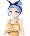  1girl :t bandana blue_bandana blue_eyes blue_hair blush breasts chaesu collarbone hair_bun heart heart_hands highres looking_away medium_breasts messy_hair minah_(chaesu) original pout simple_background solo striped sweat sweating_profusely tank_top updo upper_body white_background 