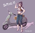  1girl blue_eyes breasts dated ground_vehicle hand_on_hip long_hair macross macross_delta midriff mirage_farina_jenius moped motor_vehicle navel pointy_ears purple_hair ryu_(masu_nantoka-san) short_ponytail small_breasts solo vehicle_focus 