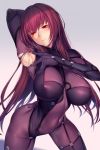  1girl arm_behind_head arm_up armpits bangs blush bodysuit breasts covered_navel fate/grand_order fate_(series) hair_intakes highres large_breasts long_hair looking_at_viewer lun7732 purple_bodysuit purple_hair red_eyes scathach_(fate)_(all) scathach_(fate/grand_order) thighs torn_bodysuit torn_clothes 
