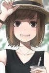  1girl absurdres black_shirt blush brown_eyes brown_hair cup debi facing_viewer grin hat highres holding holding_cup jewelry looking_at_viewer necklace original shirt sleeveless sleeveless_shirt smile solo straw_hat upper_body 