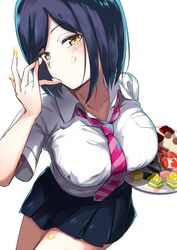  1girl bangs blue_hair blush breasts cake cowboy_shot finger_licking food food_on_body highres holding holding_plate large_breasts licking looking_at_viewer mole mole_under_eye necktie nijisanji plate school_uniform shirt shizuka_rin short_hair short_sleeves simple_background solo taketatetakeya virtual_youtuber white_background white_shirt yellow_eyes 