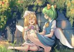  2girls :d ^_^ ascot bangs bare_legs barefoot blonde_hair blue_dress bow brick_wall capelet closed_eyes commentary_request daiyousei dress facing_another fairy_wings flower_wreath grass green_eyes green_hair hair_between_eyes hair_bow hat lily_white long_hair looking_at_another multiple_girls on_grass open_mouth outdoors plant roke_(taikodon) short_sleeves side_ponytail sitting smile squatting touhou wall white_capelet white_dress white_headwear wings yellow_bow yellow_neckwear yokozuwari 